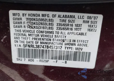 2007 Honda Odyssey Ex-L from USA, damaged, VIN 5FNRL38747B457312